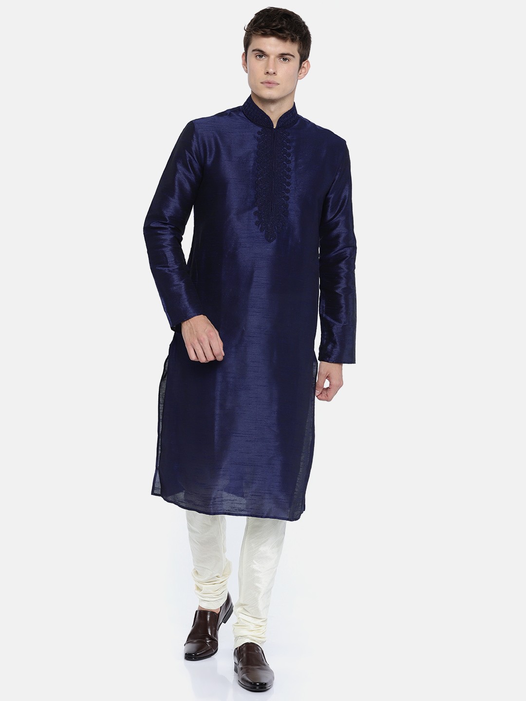 

ethnix Men Navy Blue & Off-White Embroidered Kurta with Pyjamas