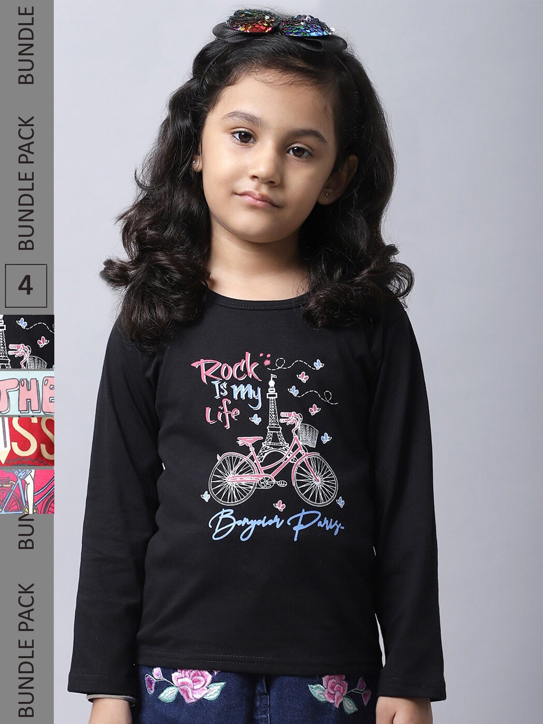 

BAESD Girls Pack Of 4 Typography Printed Long Sleeves Cotton T-shirt, Black