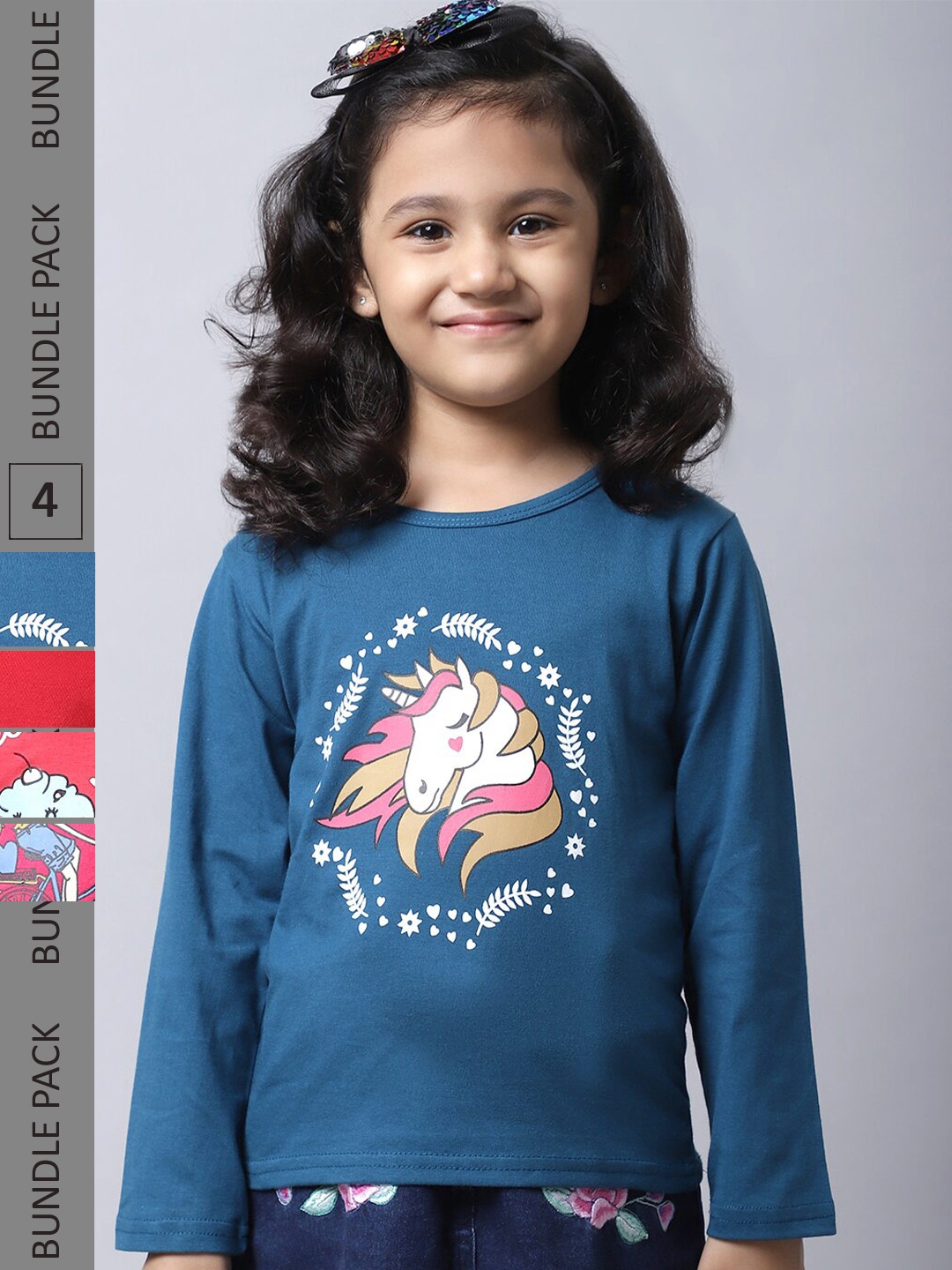 

BAESD Girls Pack Of 4 Graphic Printed Long Sleeve Pure Cotton T-shirt, Blue