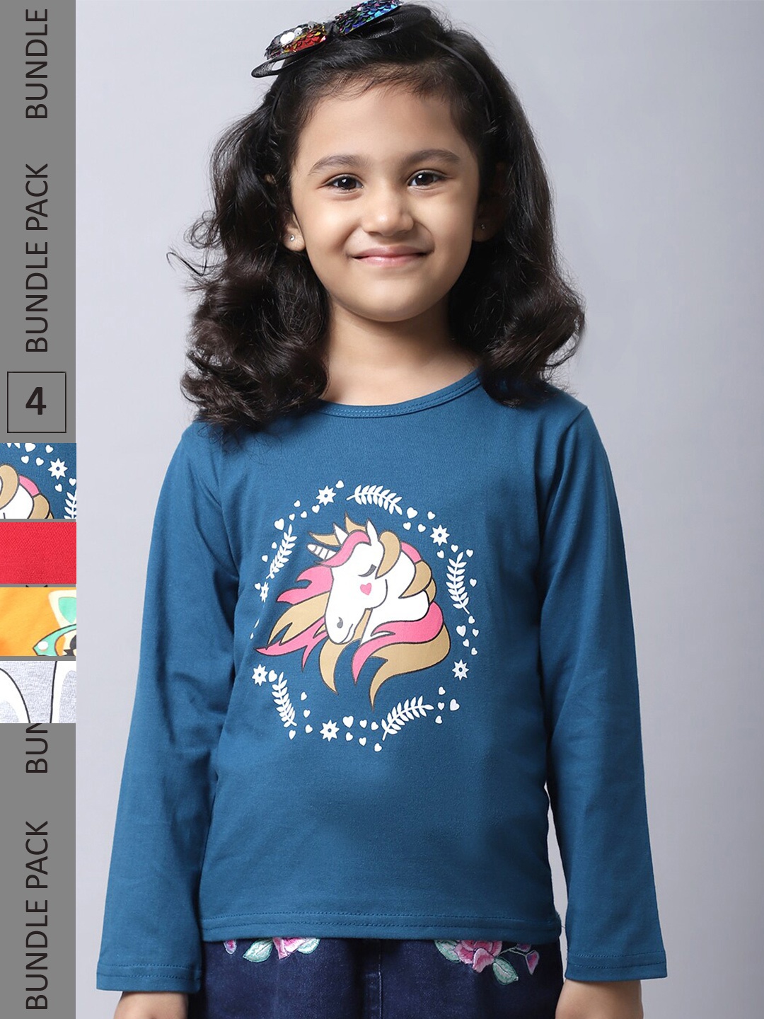 

BAESD Girls Pack Of 4 Graphic Printed Long Sleeve Pure Cotton T-shirt, Blue