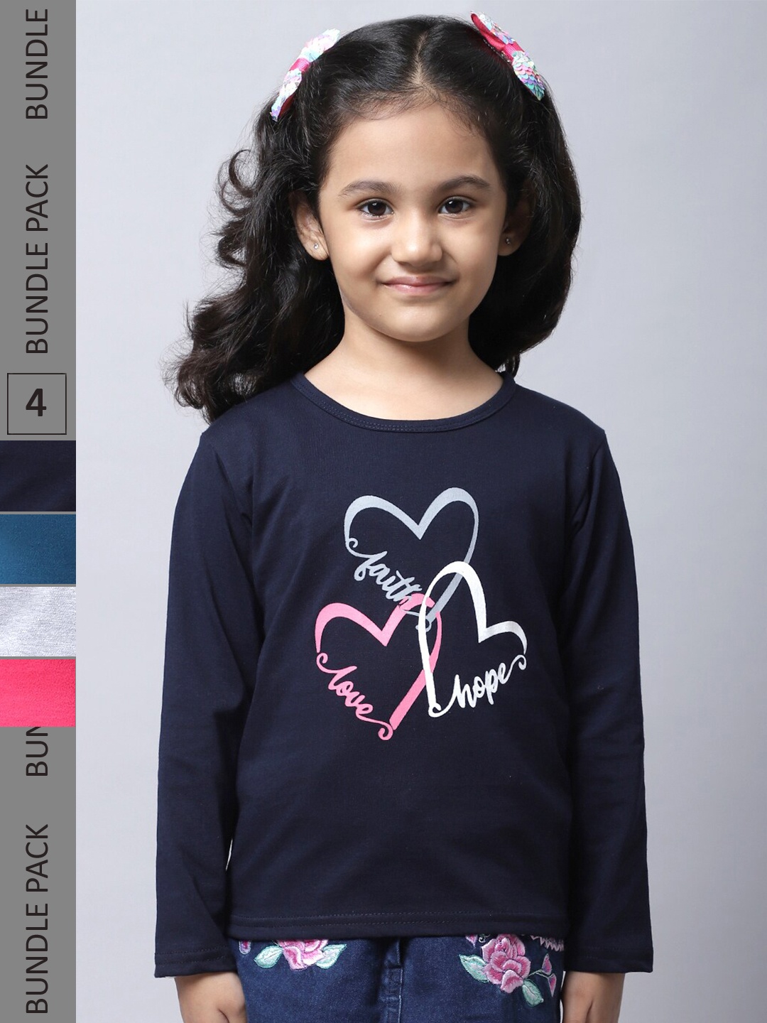 

BAESD Girls Pack Of 4 Printed Cotton Casual T-Shirts, Navy blue