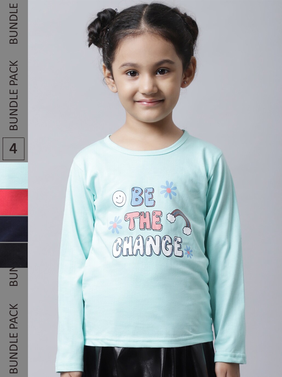 

BAESD Girls Pack of 4 Typography Printed Cotton T-shirts, Blue