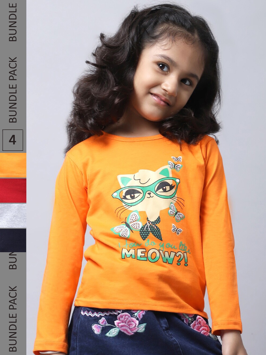 

BAESD Girls Pack Of 4 Graphic Printed Round Neck Cotton Regular T-shirt, Orange
