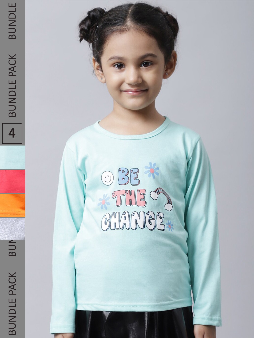 

BAESD Girls Pack Of 4 Graphic Printed Long Sleeves Pure Cotton T-shirt, Turquoise blue