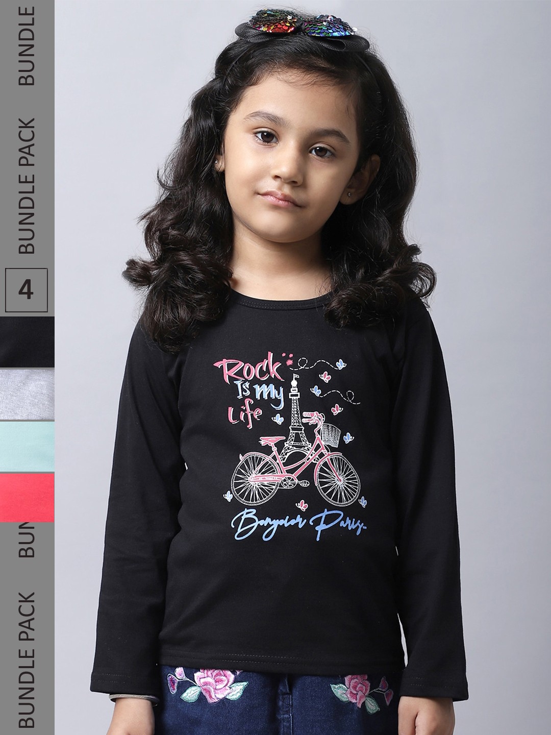 

BAESD Girls Pack Of 4 Printed Cotton T-shirt, Black