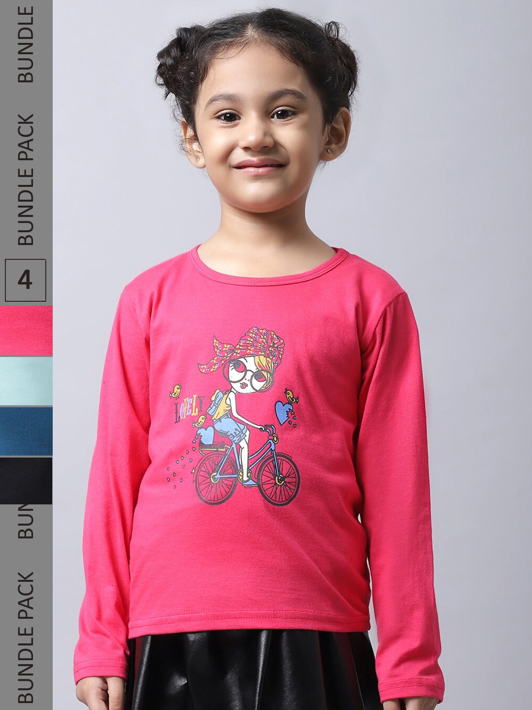 

BAESD Girls Pack Of 4 Printed Round Neck Cotton Regular T-shirts, Pink