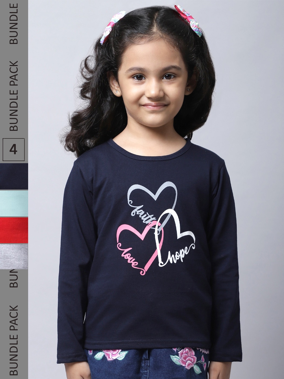 

BAESD Girls Pack Of 4 Printed Round Neck Cotton Regular T-shirts, Navy blue