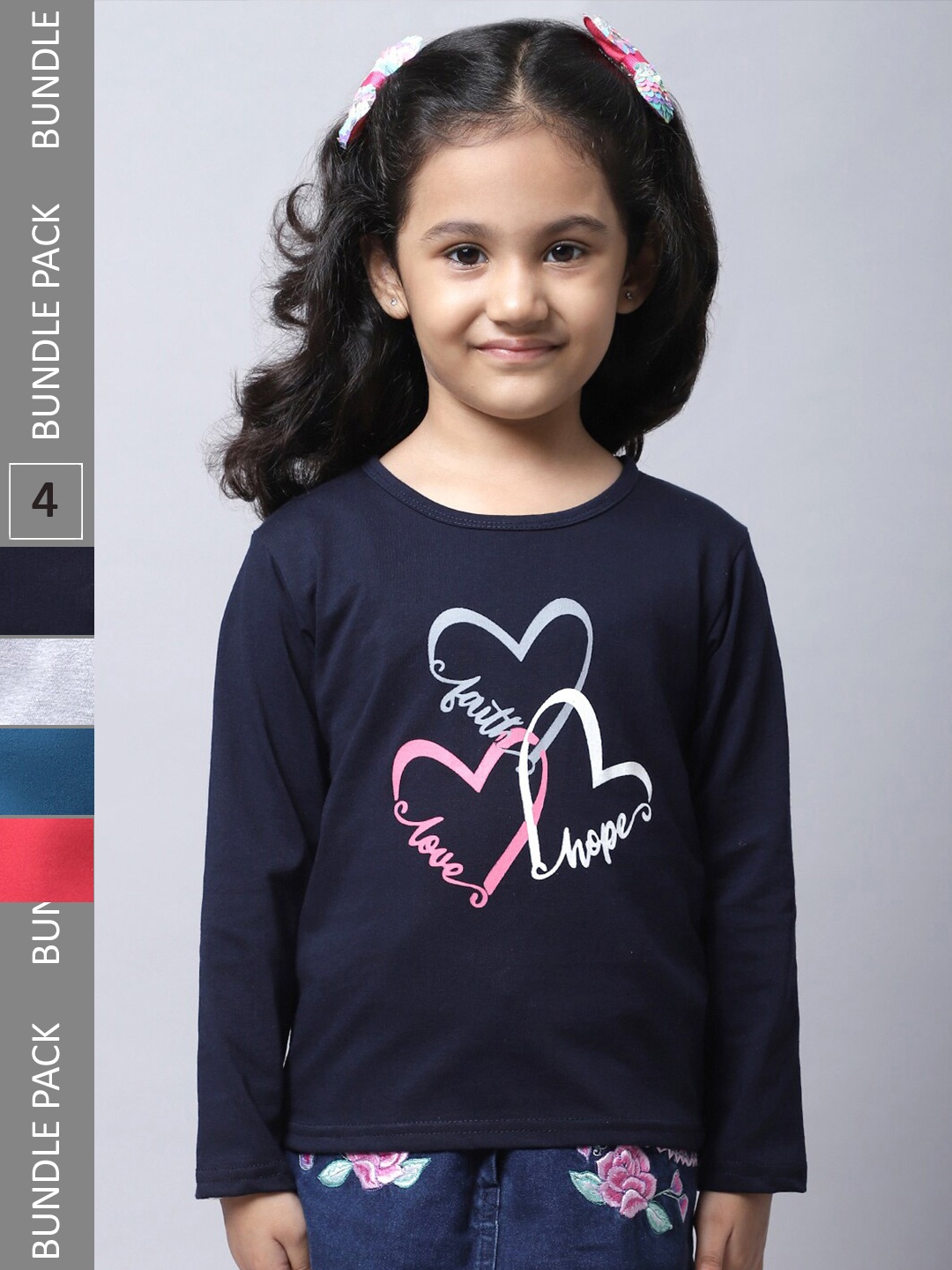 

BAESD Girls Pack Of 4 Printed Round Neck Cotton Regular T-shirts, Navy blue