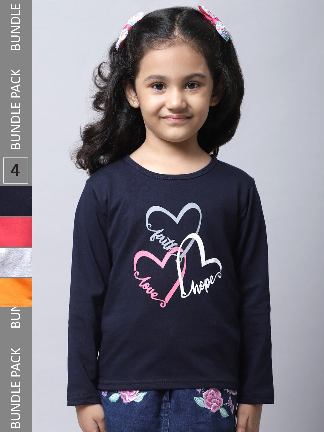 

BAESD Girls Pack Of 4 Graphic Printed Long Sleeve Pure Cotton T-shirt, Navy blue