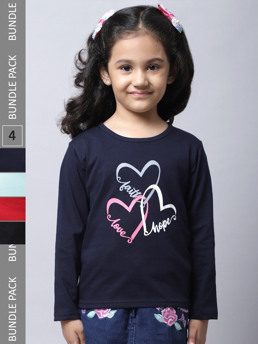 

BAESD Girls Pack Of 4 Graphic Printed Long Sleeve Pure Cotton T-shirt, Navy blue