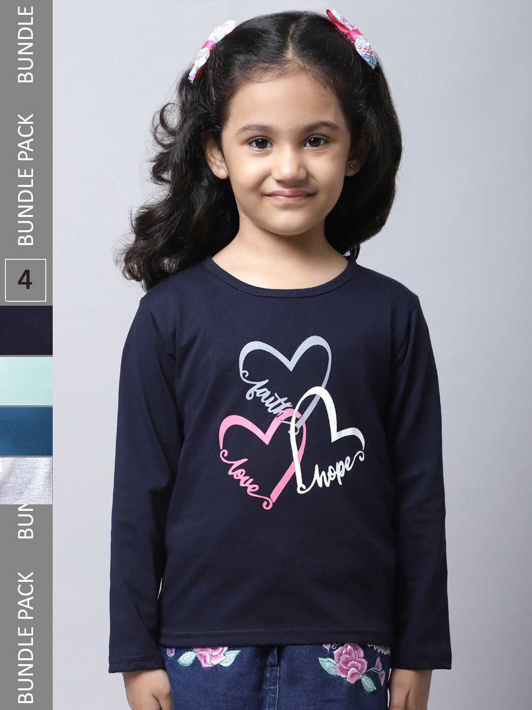 

BAESD Girls Pack Of 4 Graphic Printed Long Sleeve Pure Cotton T-shirt, Navy blue