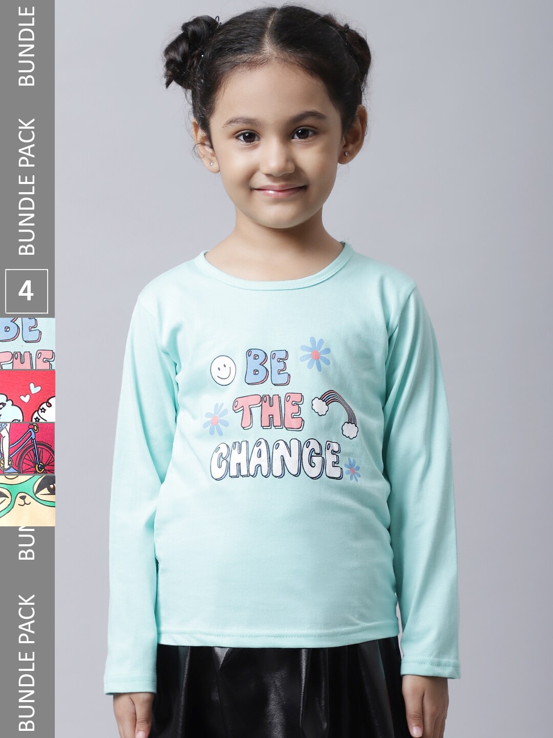 

BAESD Girls Pack Of 4 Graphic Printed Long Sleeve Pure Cotton T-shirt, Sea green