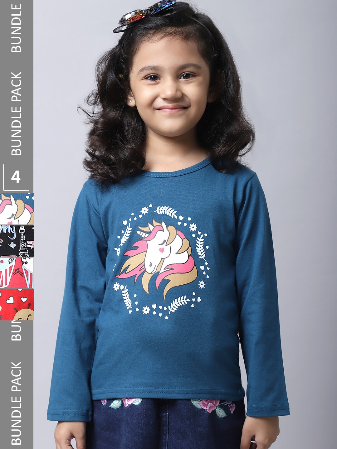

BAESD Girls Pack Of 4 Graphic Printed Round Neck Cotton Regular T-shirt, Teal