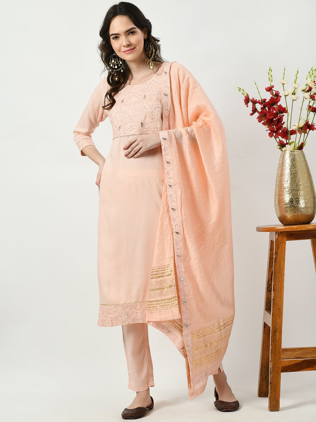 

Altiven Floral Embroidered Regular Kurta With Trousers & Dupatta, Peach