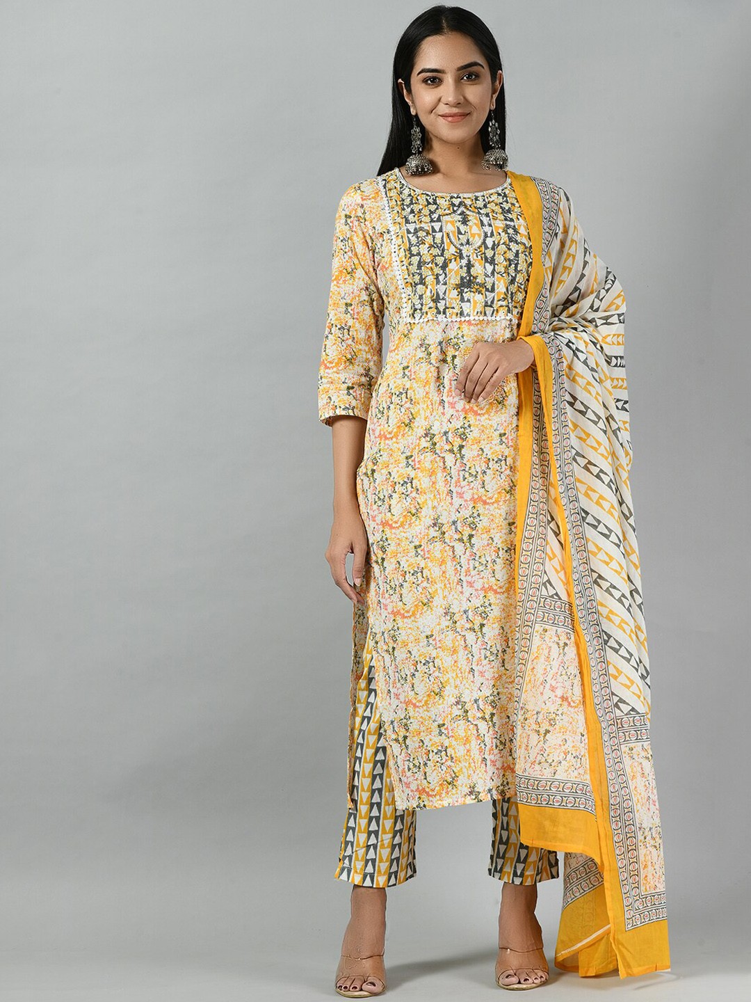 

Altiven Abstract Printed Thread Work Kurta With Trousers & Dupatta, Yellow