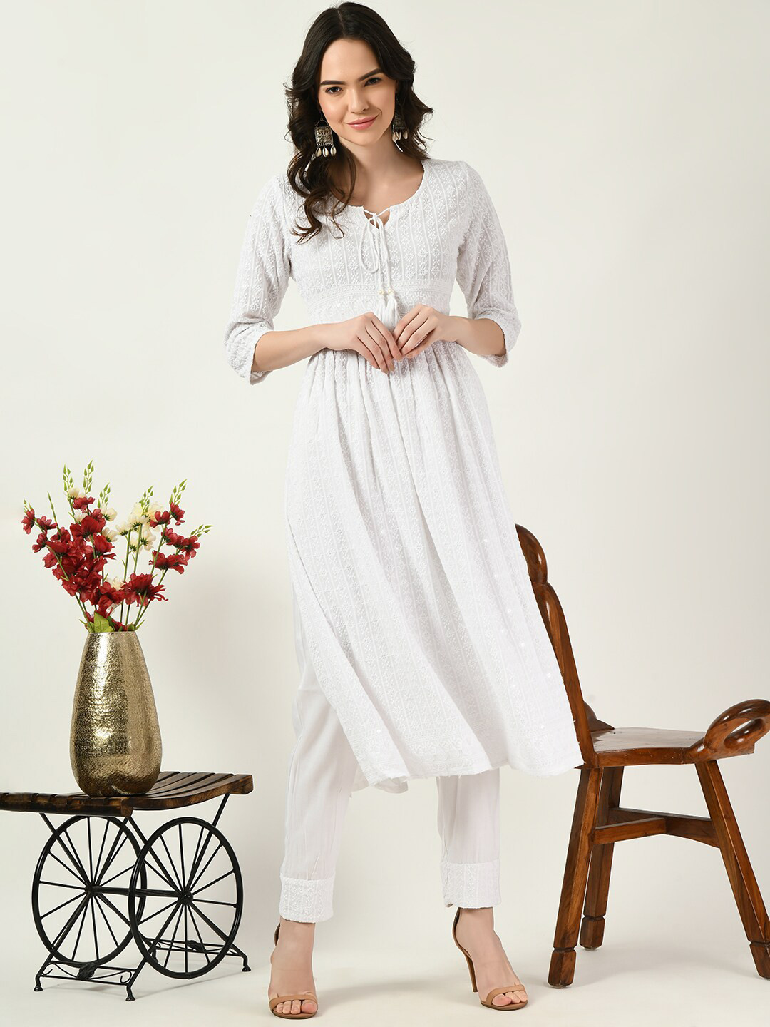 

Altiven Ethnic Motifs Self Design Thread Work Pleated Straight Kurta With Trousers, White