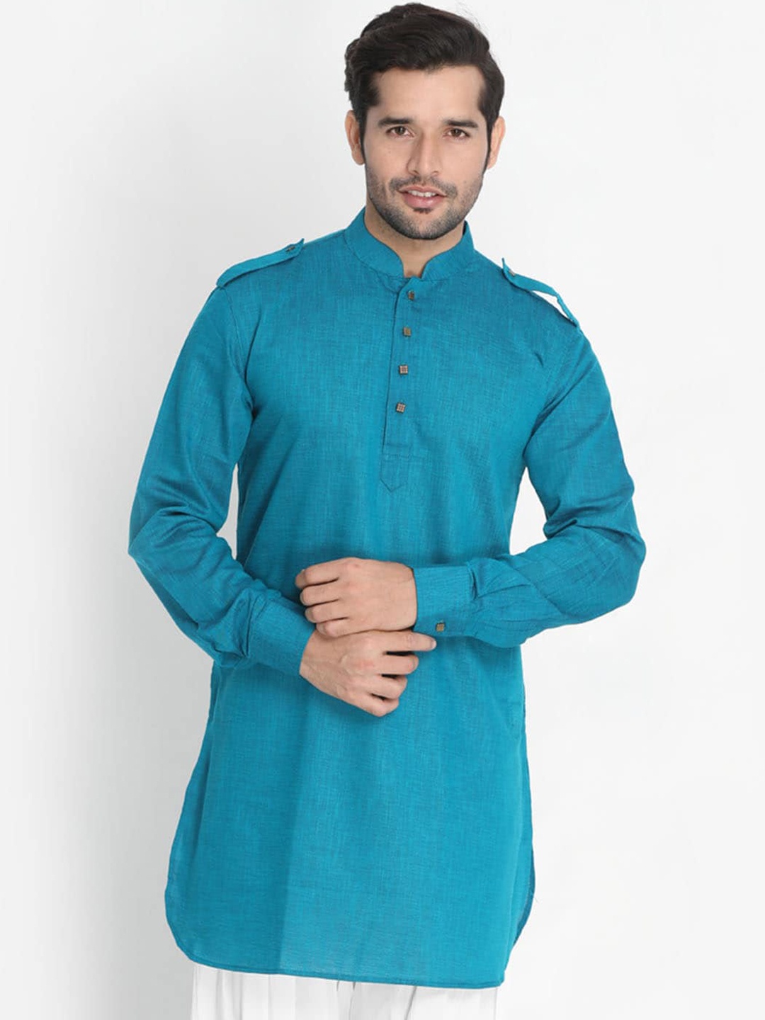 

VASTRAMAY Mandarin Collar Woven Design Pathani Cotton Kurta, Blue
