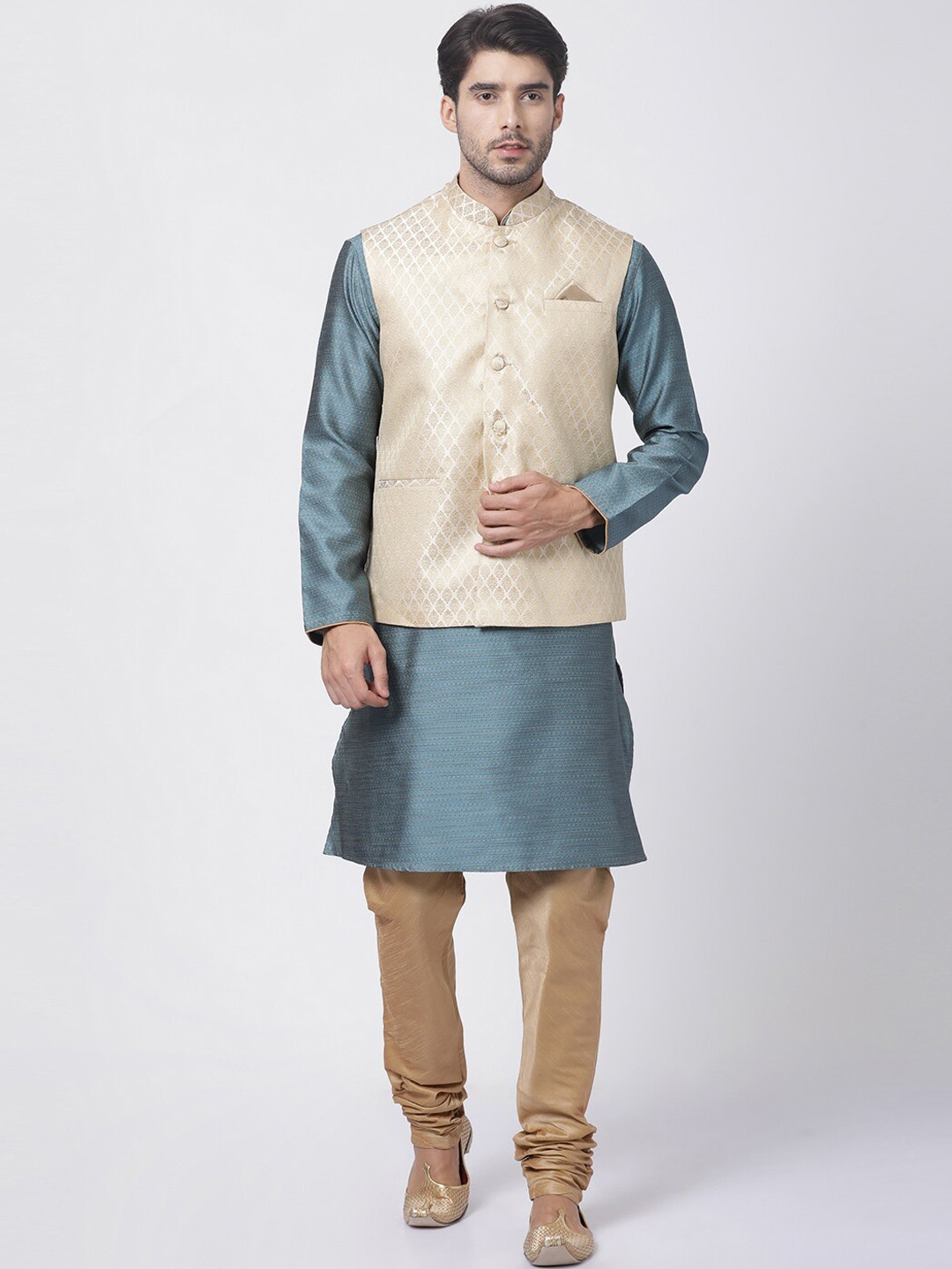 

VASTRAMAY Mandarin Collar Kurta & Churidar With Nehru Jacket, Blue