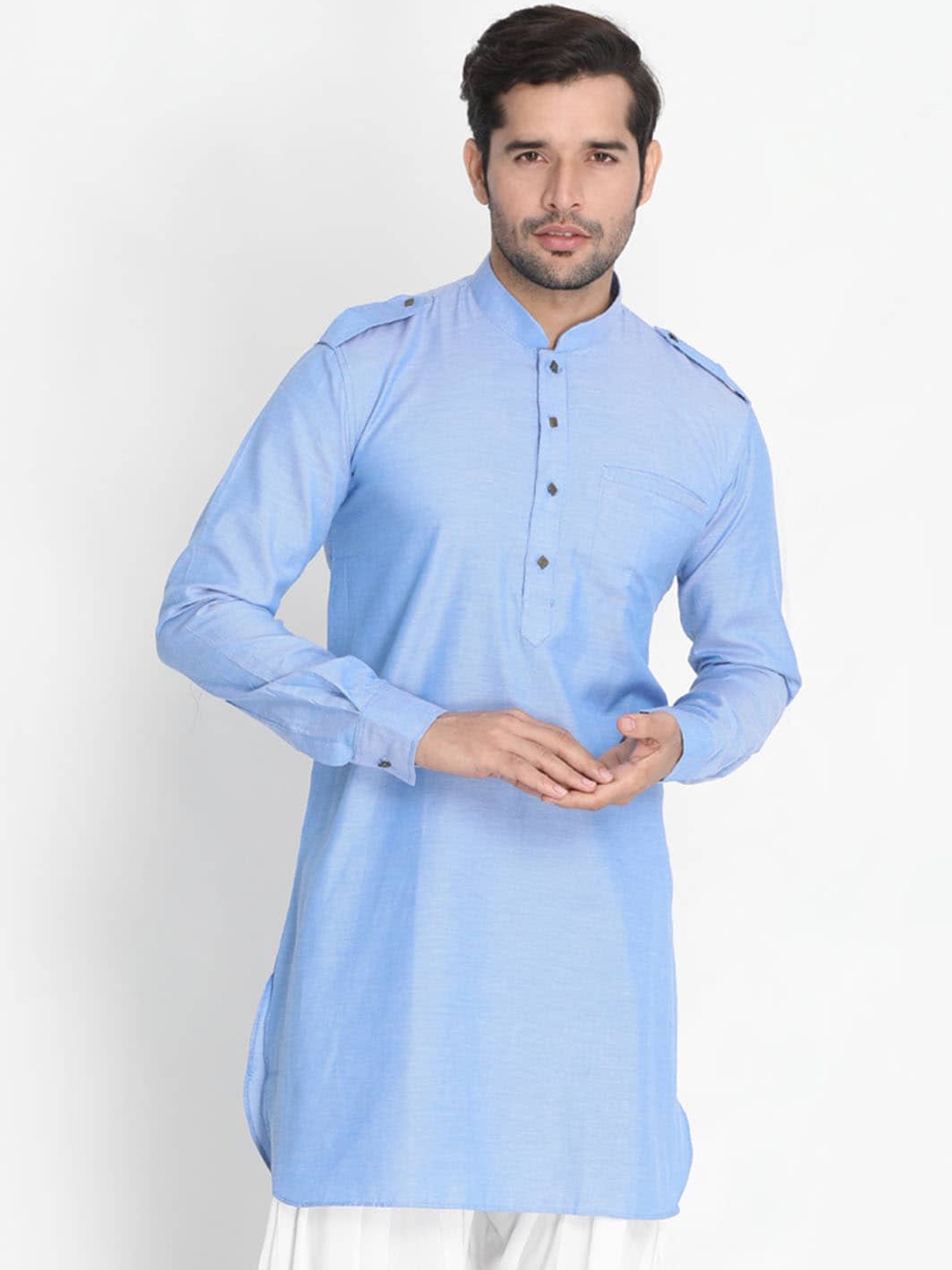 

VASTRAMAY Mandarin Collar Woven Design Pathani Cotton Kurta, Blue