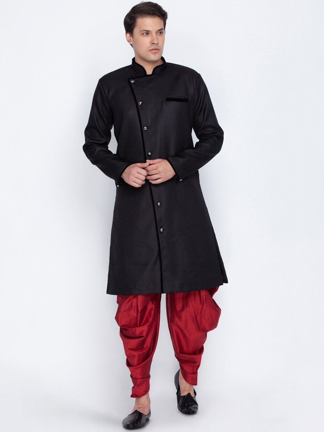 

VASTRAMAY Jute Mandarin Collar Cotton Sherwani Set, Black