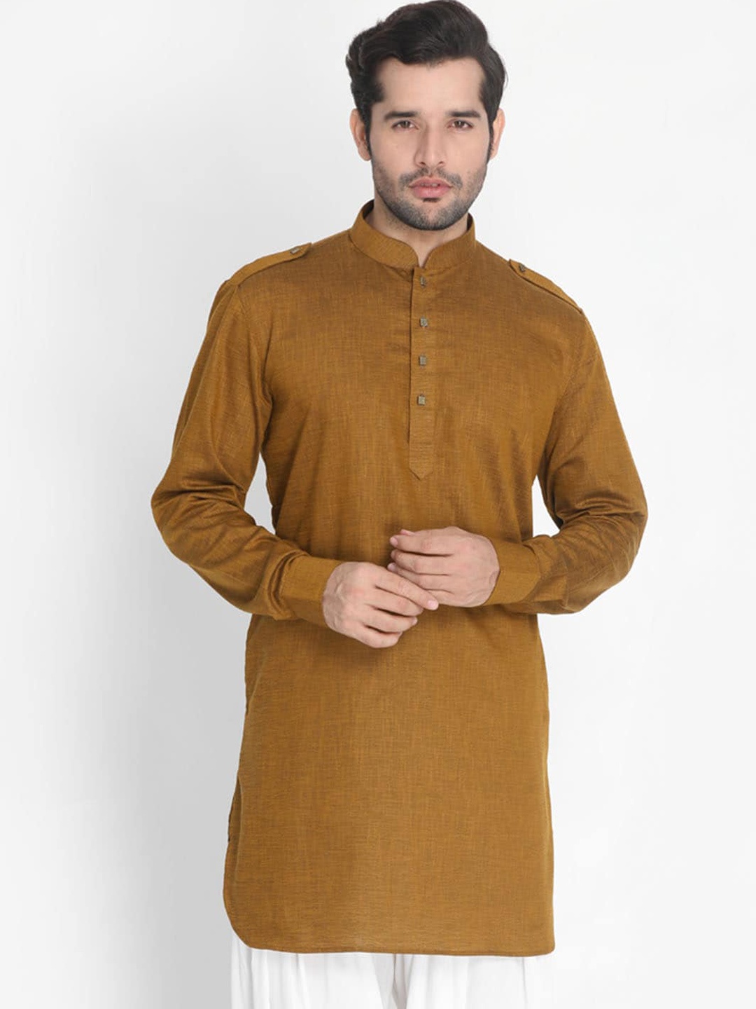 

VASTRAMAY Mandarin Collar Woven Design Pathani Cotton Kurta, Coffee brown