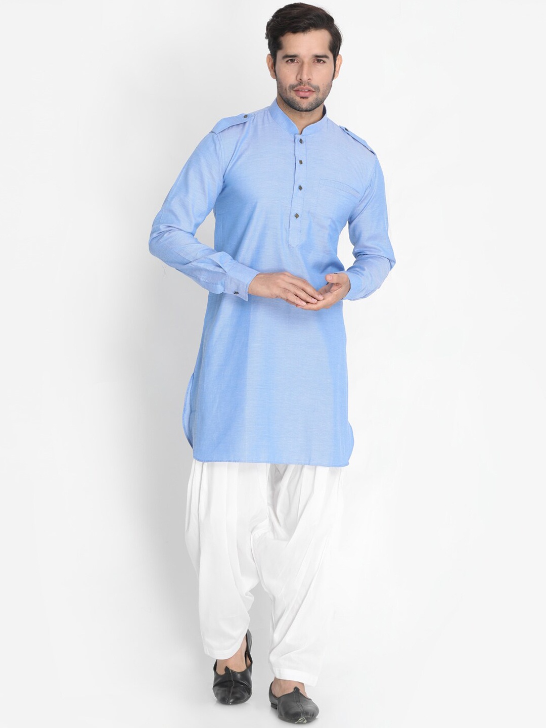 

VASTRAMAY Mandarin Collar Pathani Kurta With Patiala, Blue
