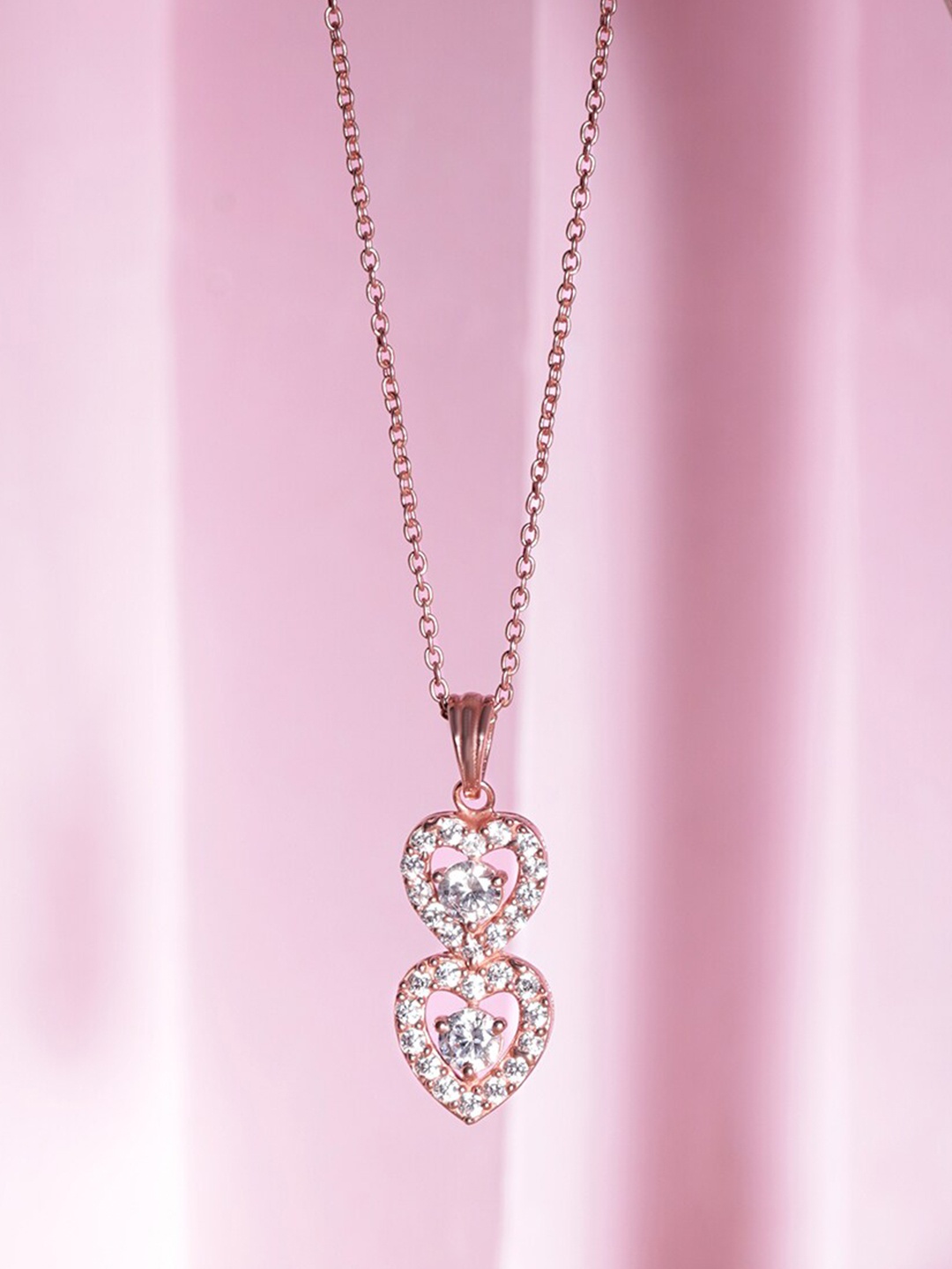 

Rubans Silver 925 Silver Rose Gold-Plated Stone-Studded Layered Heart Pendant With Chain