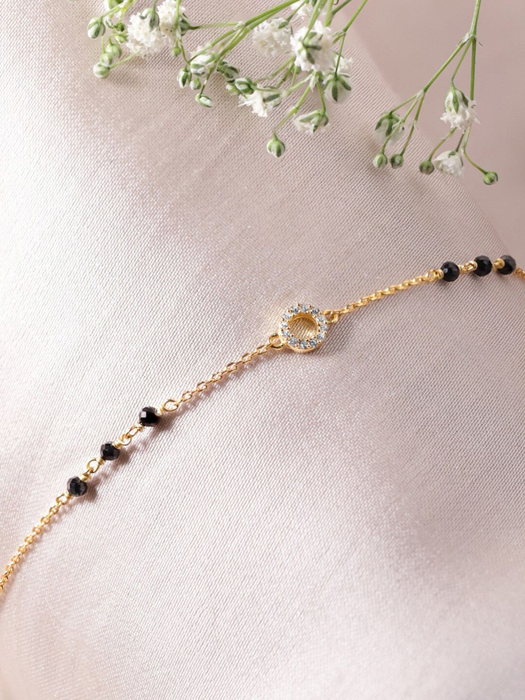 

Rubans Silver Gold-Plated Cubic-Zirconia Studded Beaded Link Bracelet