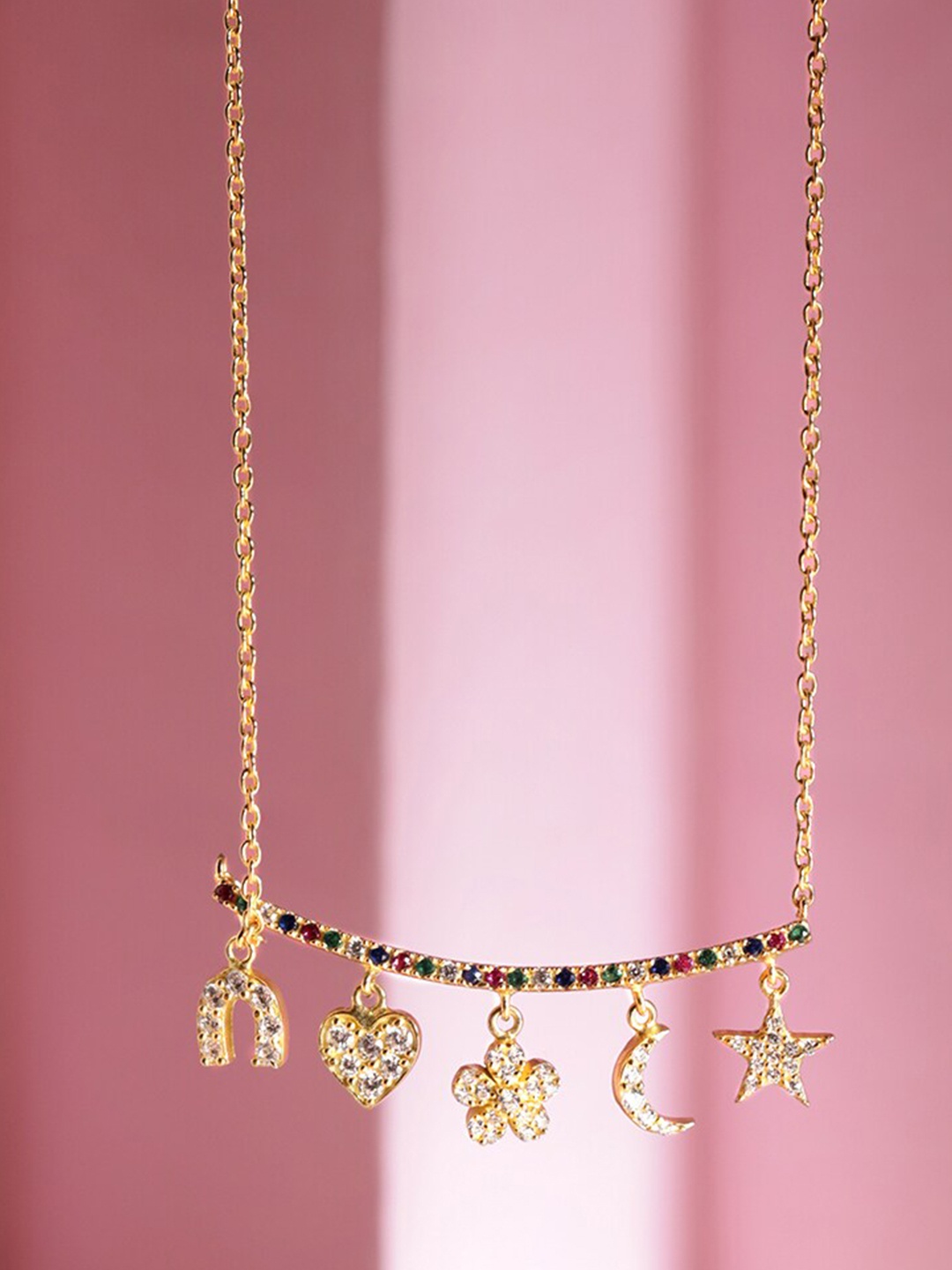 

Rubans Silver Gold-Plated Cubic Zirconia Studded Necklace