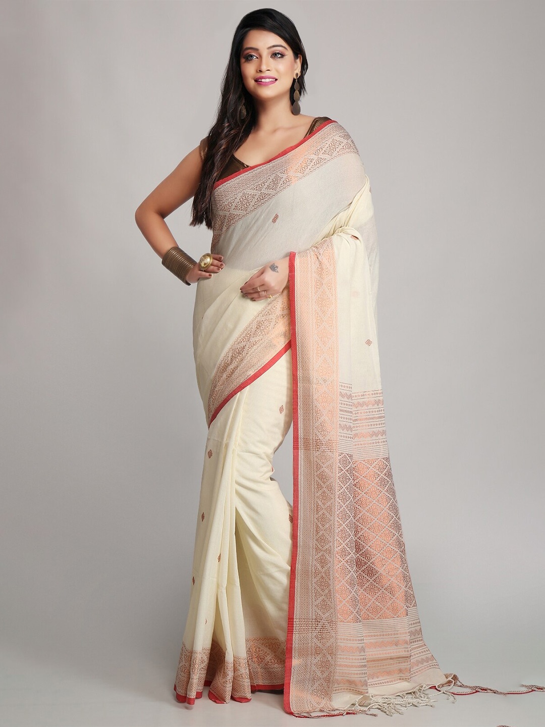 

WoodenTant Ethnic Motifs Woven Design Zari Pure Cotton Khadi Saree, White