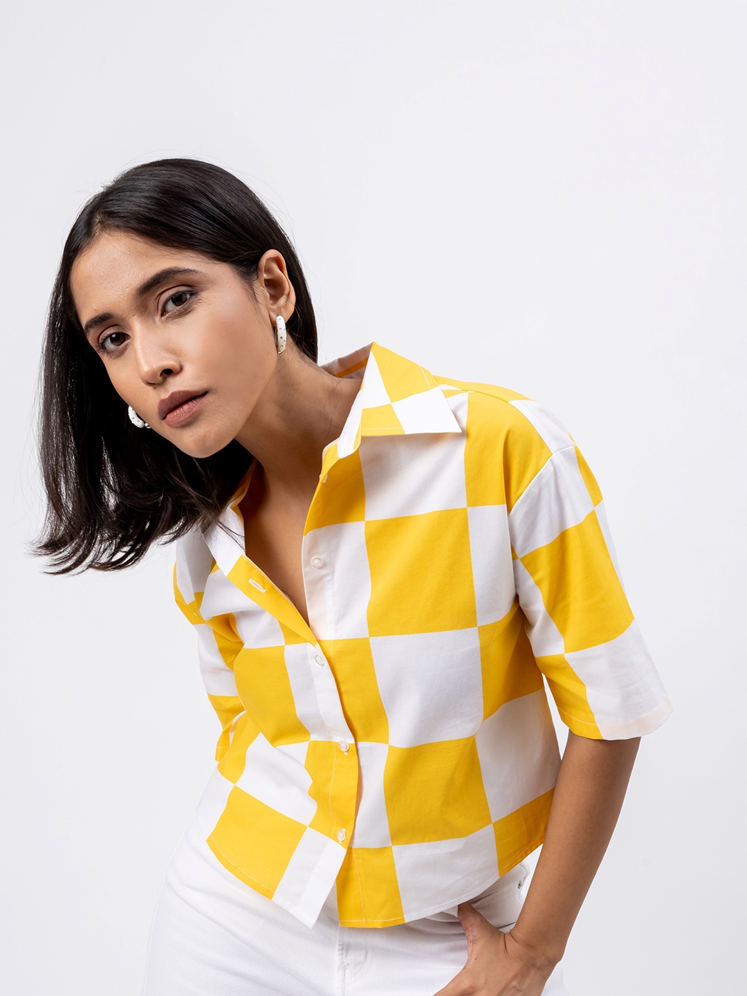 

H&M Checked Boxy Cropped Casual Shirt, Yellow
