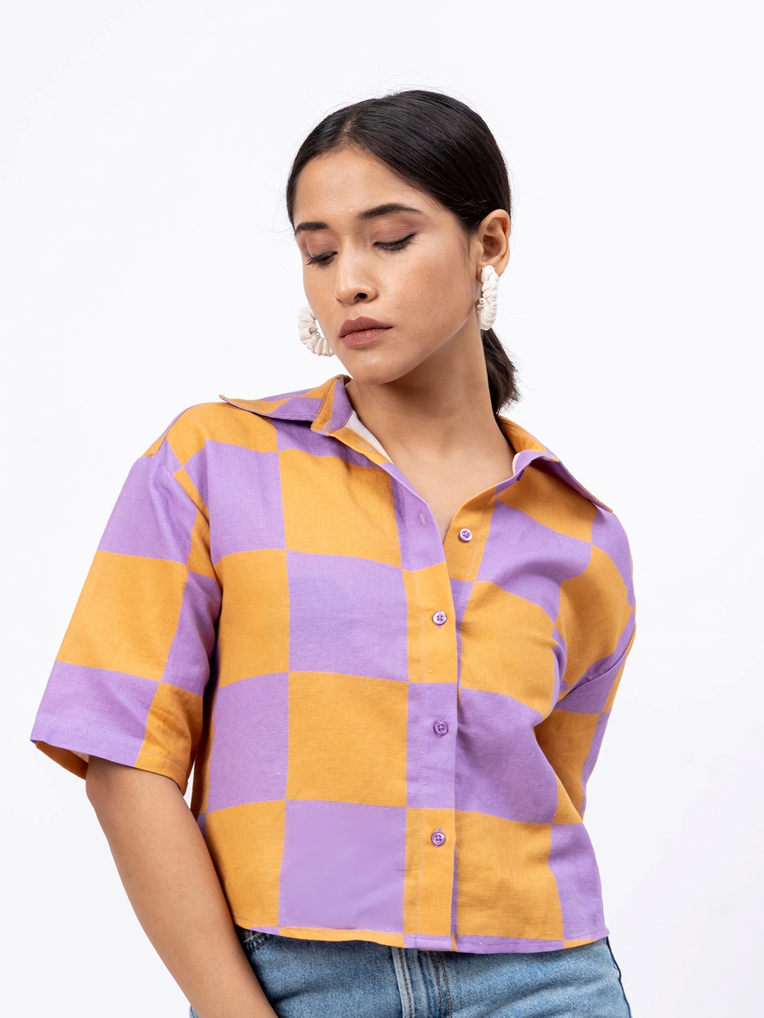 

H&M Checked Boxy Cropped Casual Shirt, Purple