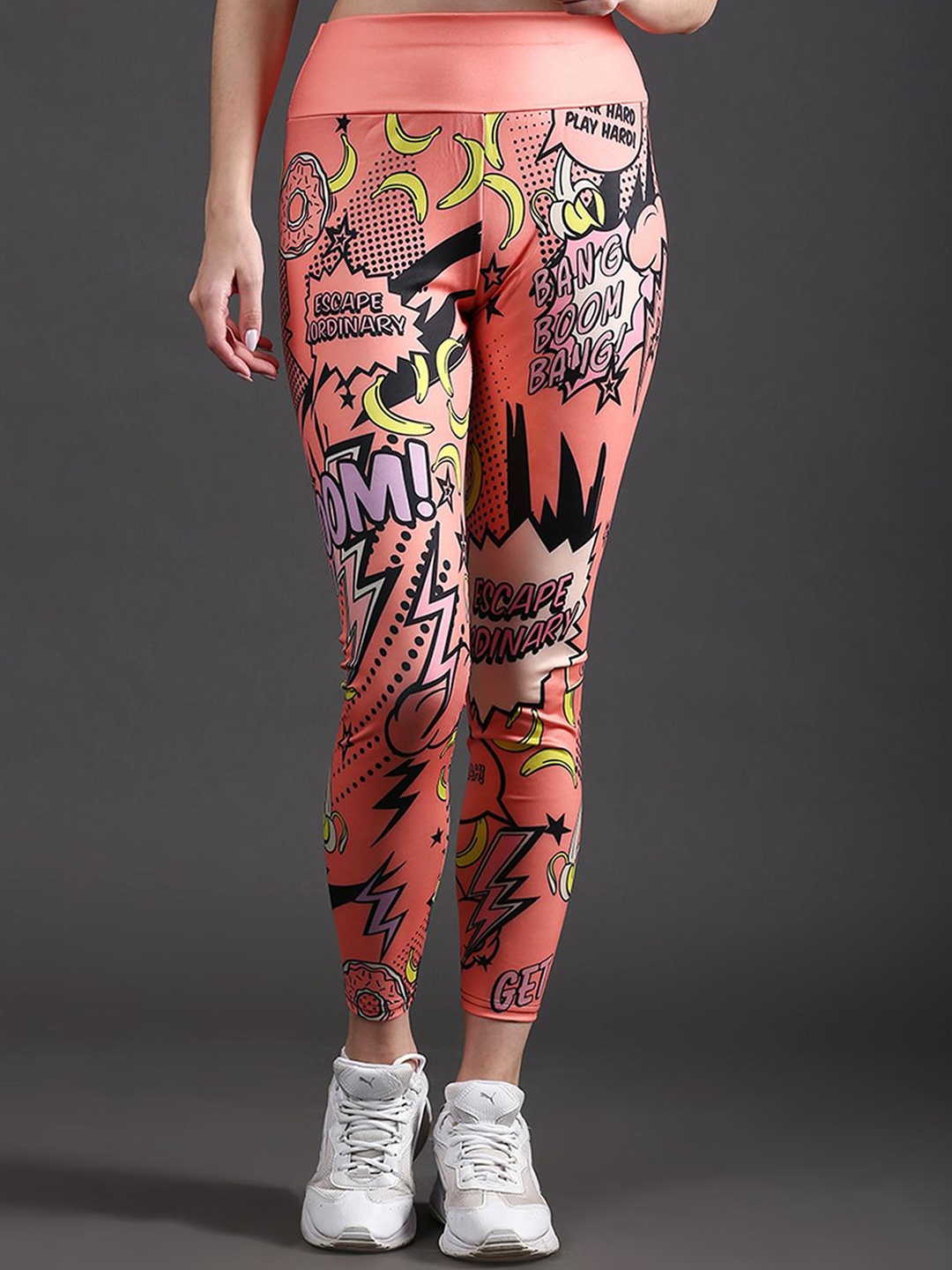 

The Dance Bible Women Printed High Waist Gym Sports Tights, Peach