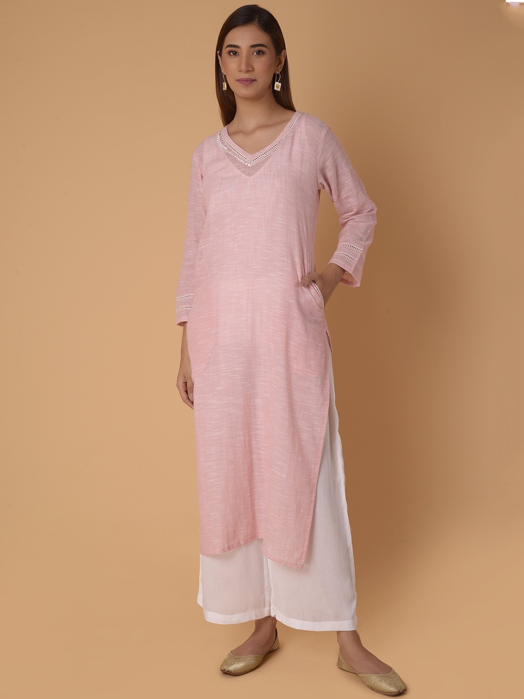 

PINKSK V-Neck Thread Work Cotton Kurta, Pink