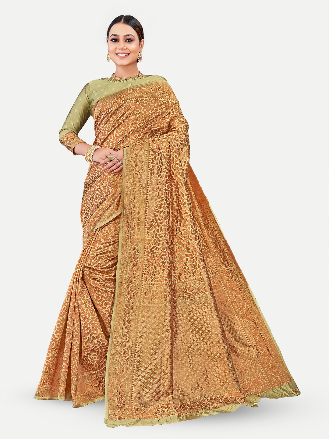 

TAVAS Ethnic Motifs Woven Design Zari Pure Georgette Banarasi Saree, Brown