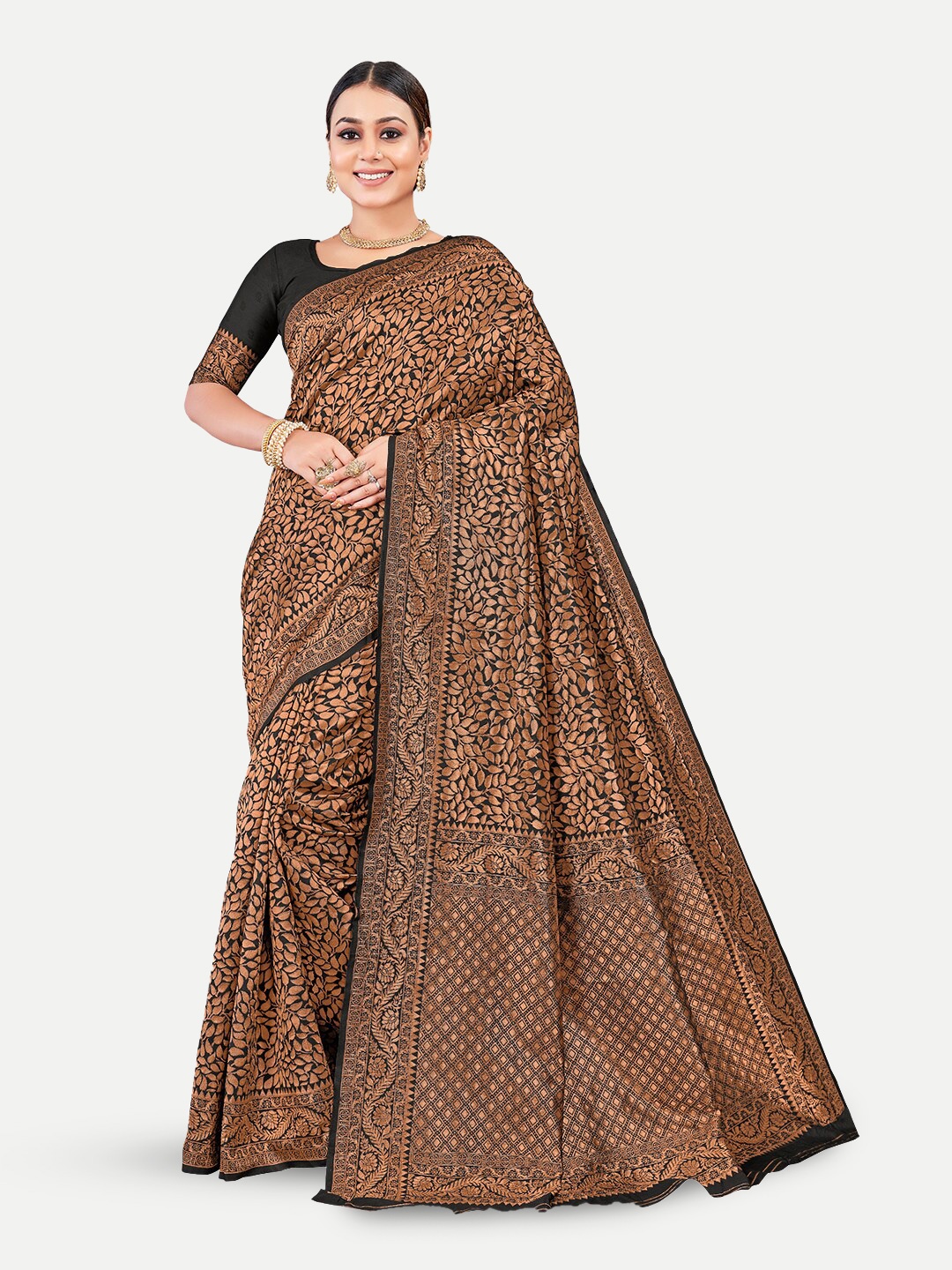 

TAVAS Ethnic Motifs Woven Design Zari Pure Georgette Banarasi Saree, Black