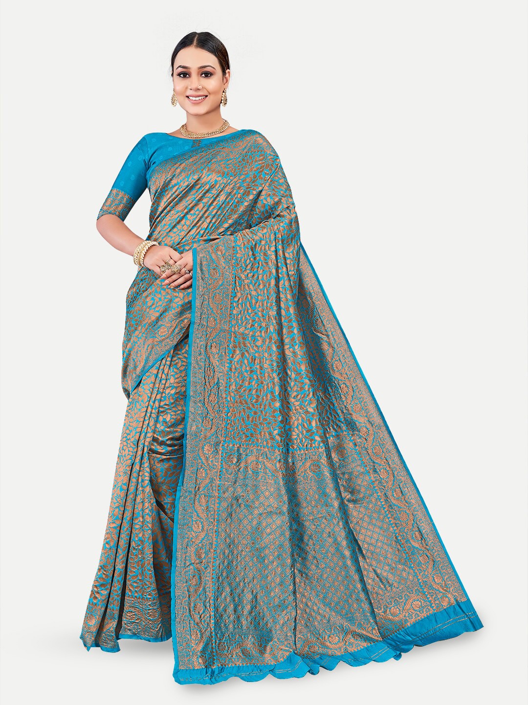 

TAVAS Ethnic Motifs Woven Design Zari Pure Georgette Banarasi Saree, Turquoise blue