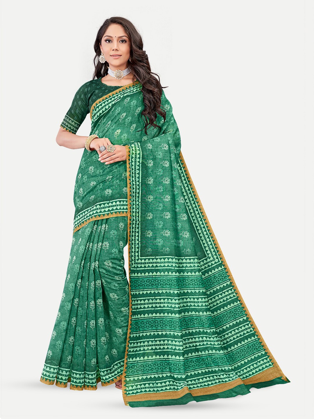 

TAVAS Floral Printed Chanderi Saree, Green