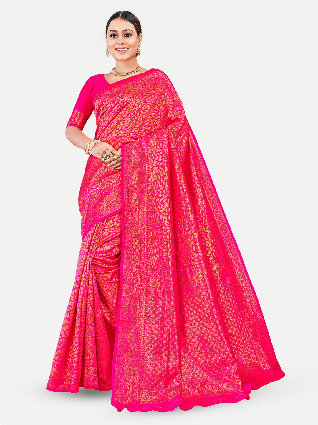 

TAVAS Ethnic Motifs Woven Design Zari Pure Georgette Banarasi Saree, Pink