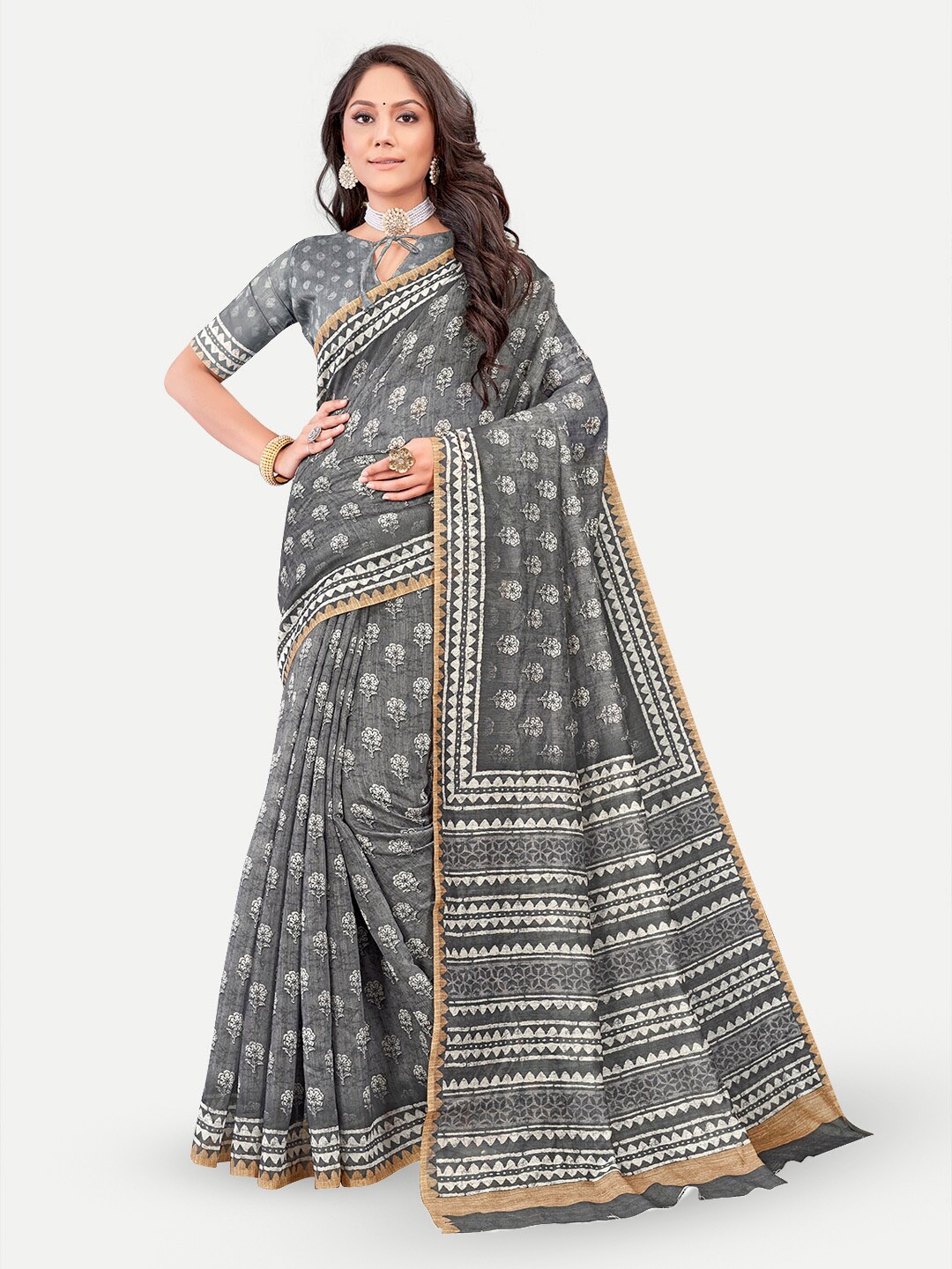 

TAVAS Floral Printed Silk Blend Chanderi Saree, Grey