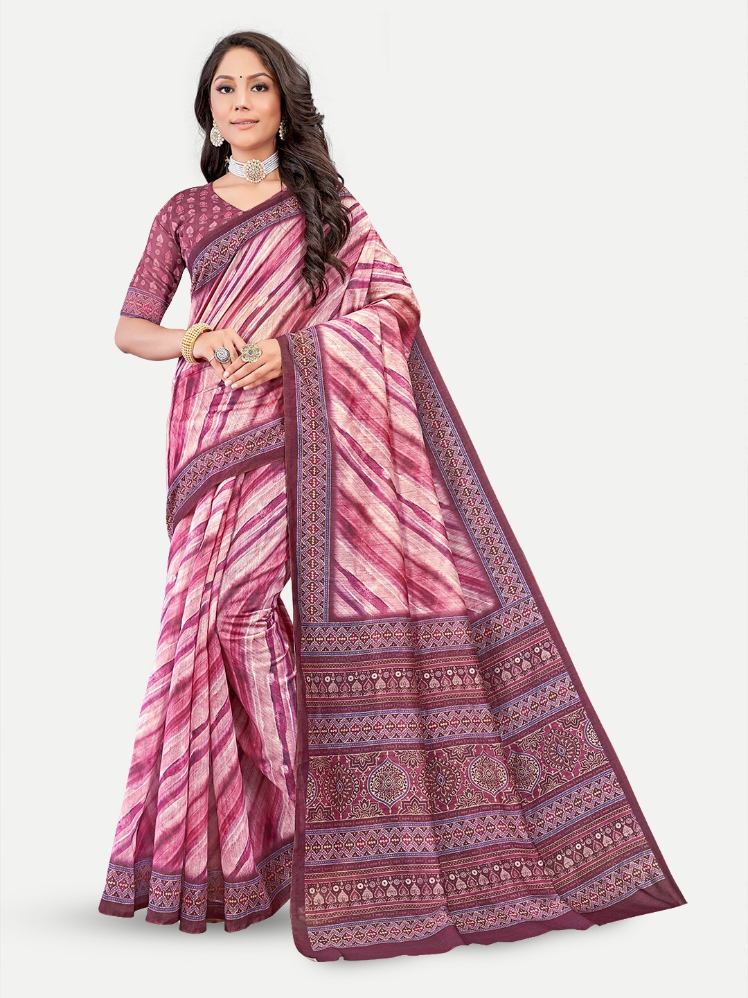 

TAVAS Striped Silk Blend Chanderi Saree, Purple