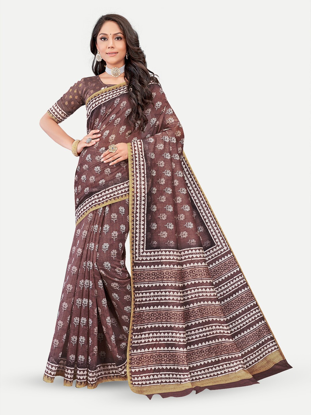 

TAVAS Floral Printed Silk Blend Chanderi Saree, Coffee brown