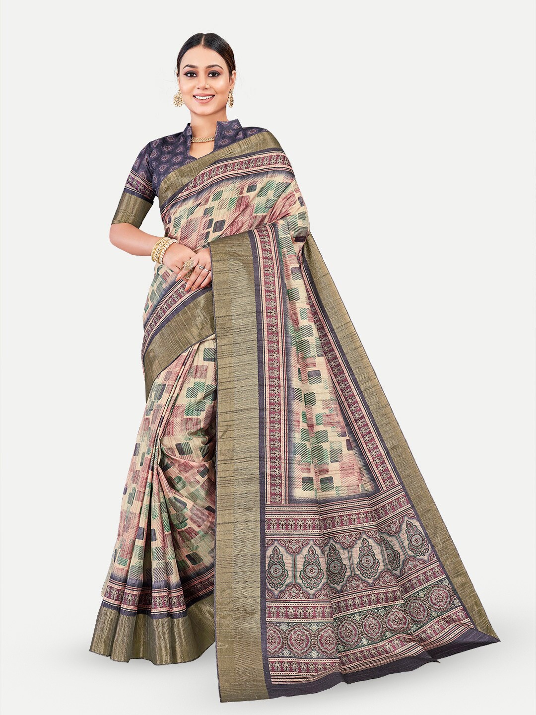 

TAVAS Geometric Printed Kota Saree, Purple