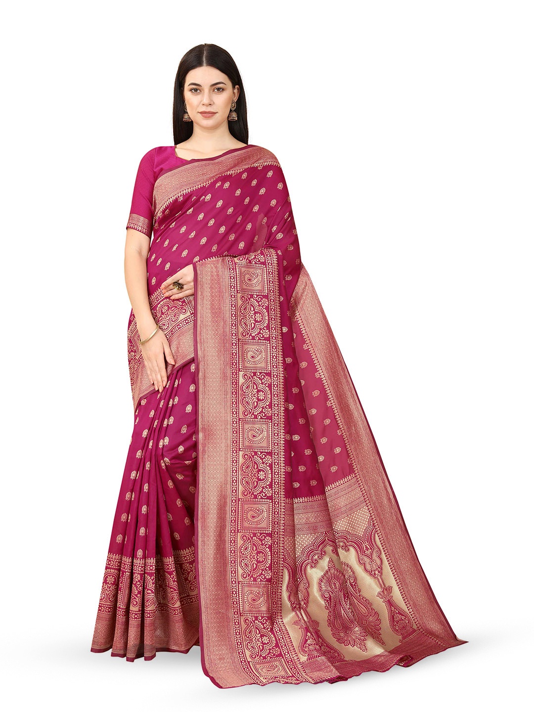 

TAVAS Ethnic Motifs Woven Design Zari Banarasi Saree, Pink