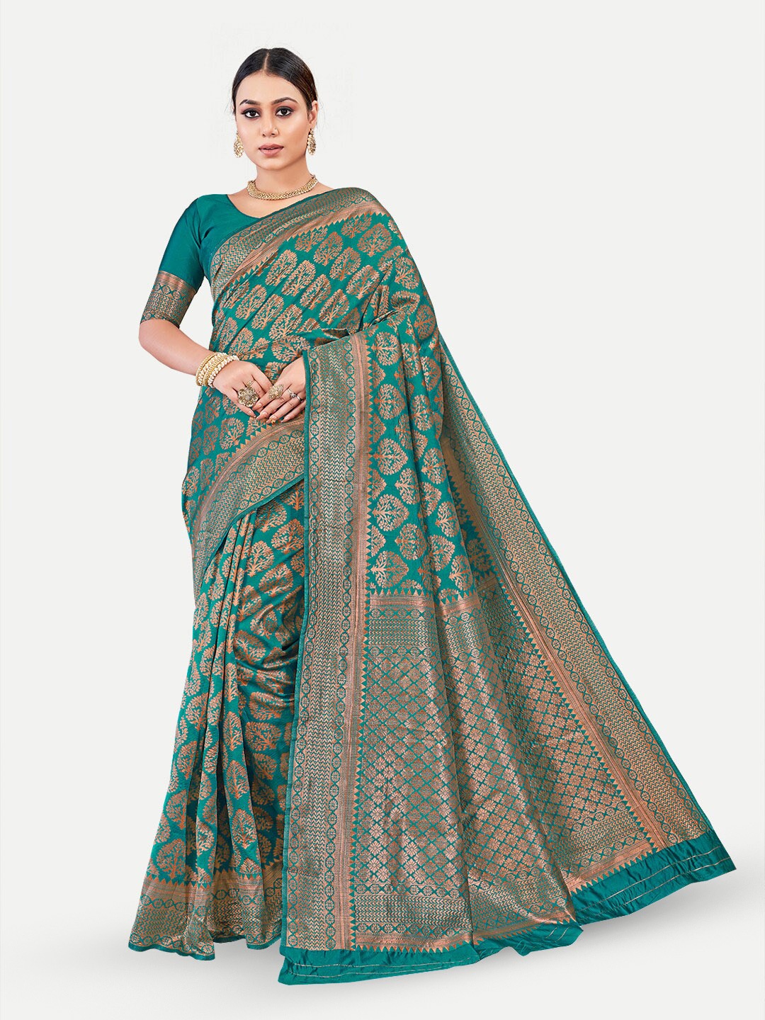 

TAVAS Ethnic Motifs Woven Design Zari Pure Georgette Banarasi Saree, Green