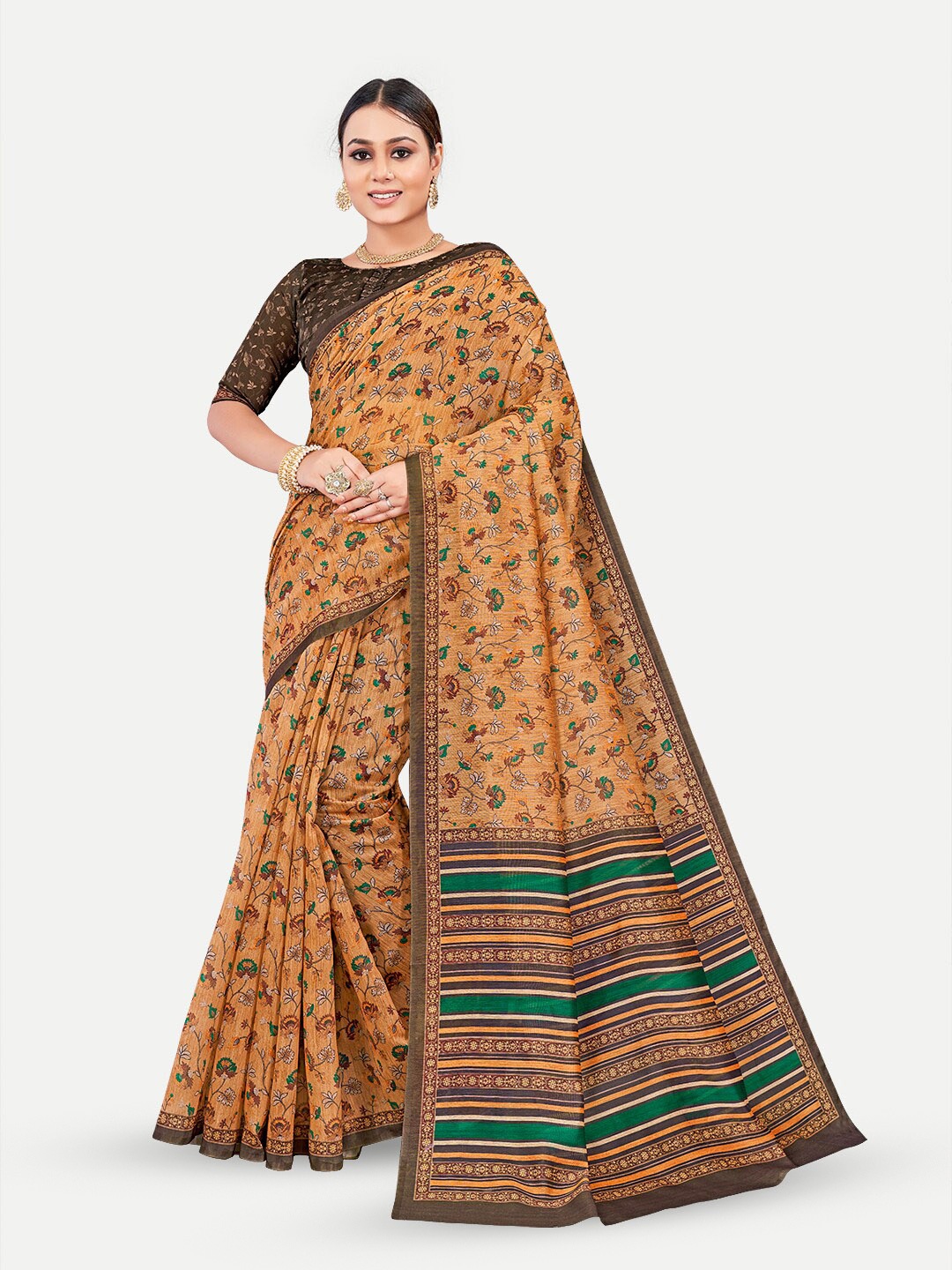 

TAVAS Mustard & Green Ethnic Motifs Silk Blend Chanderi Saree