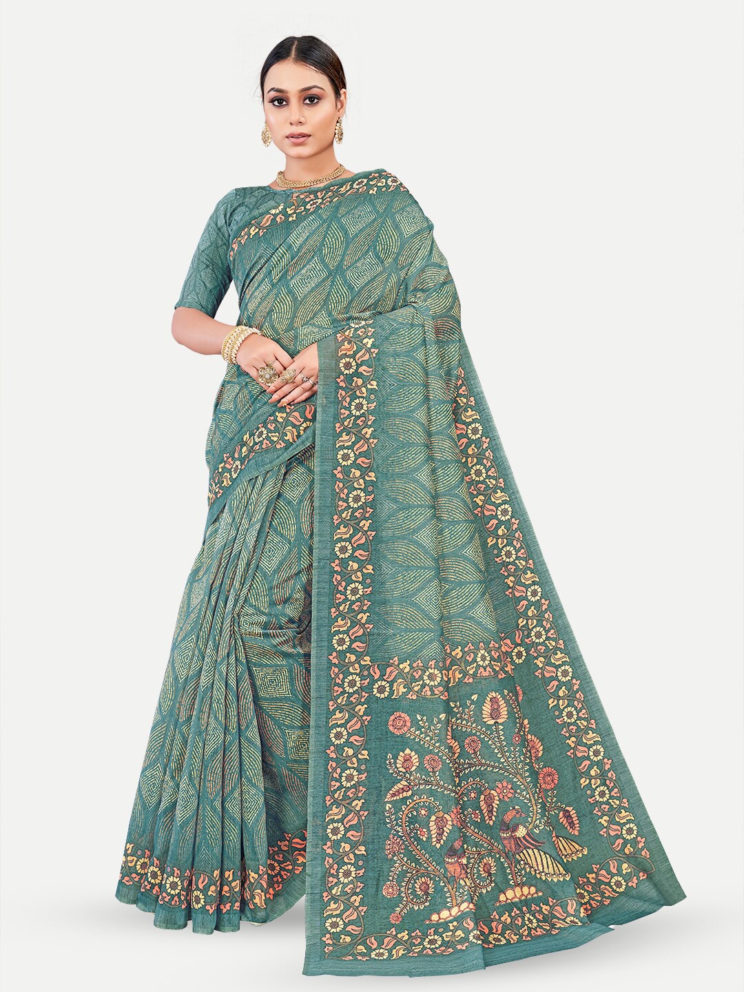 

TAVAS Floral Silk Blend Chanderi Saree, Teal