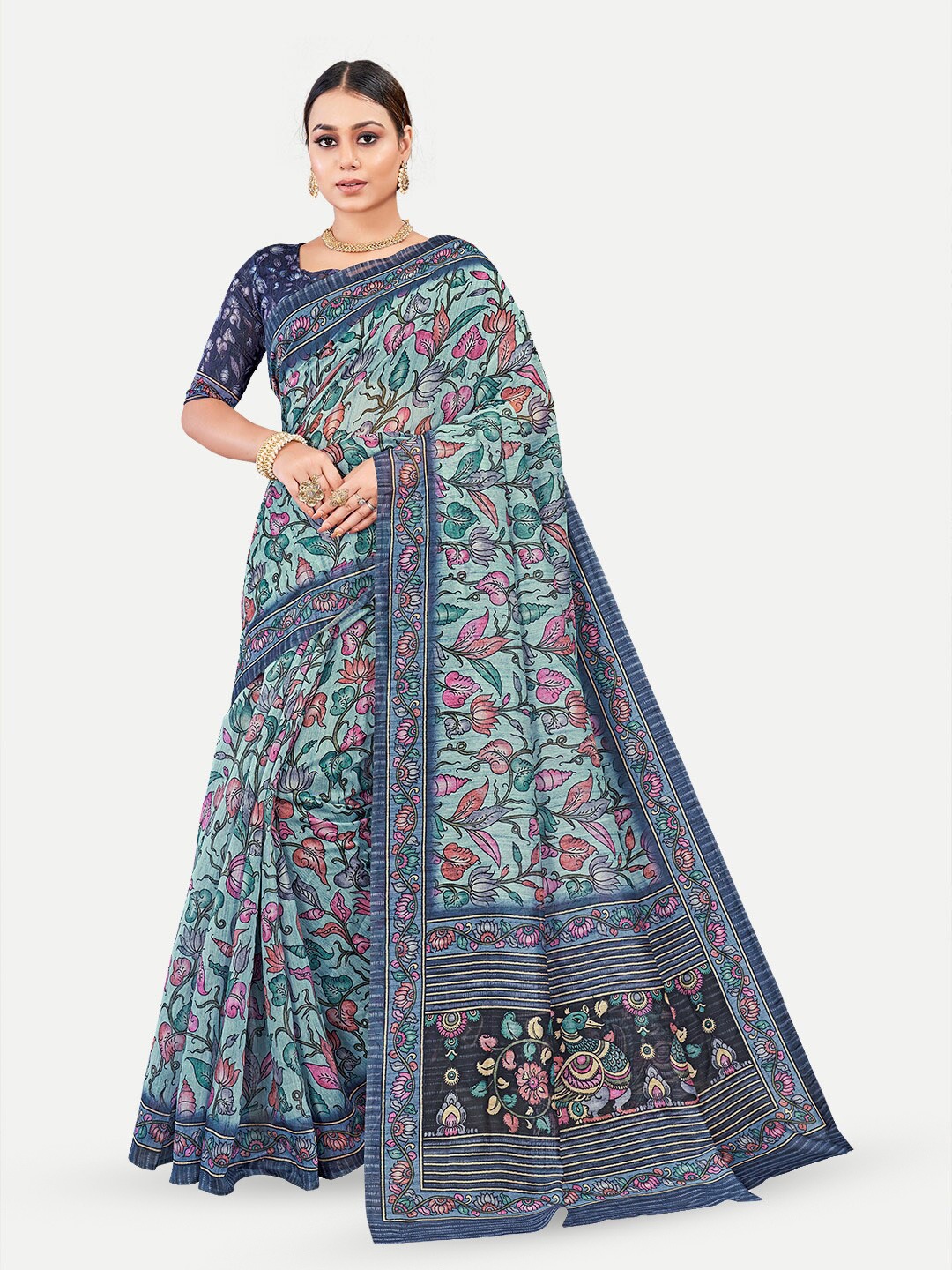 

TAVAS Kalamkari Printed Chanderi Saree, Blue