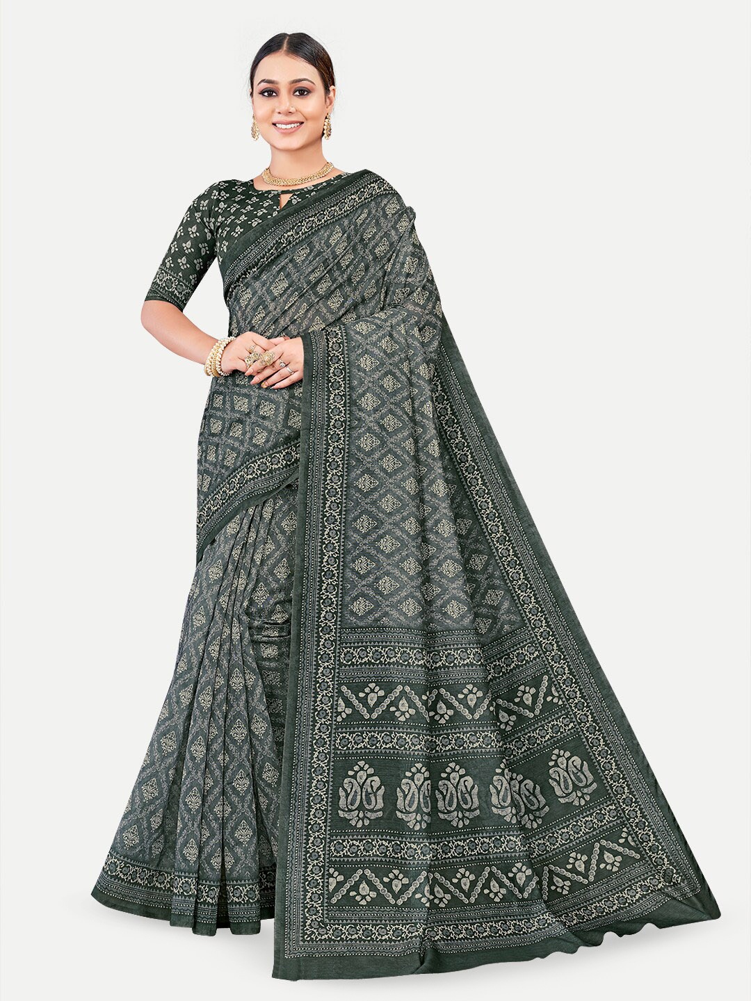 

TAVAS Ethnic Motifs Printed Chanderi Saree, Grey