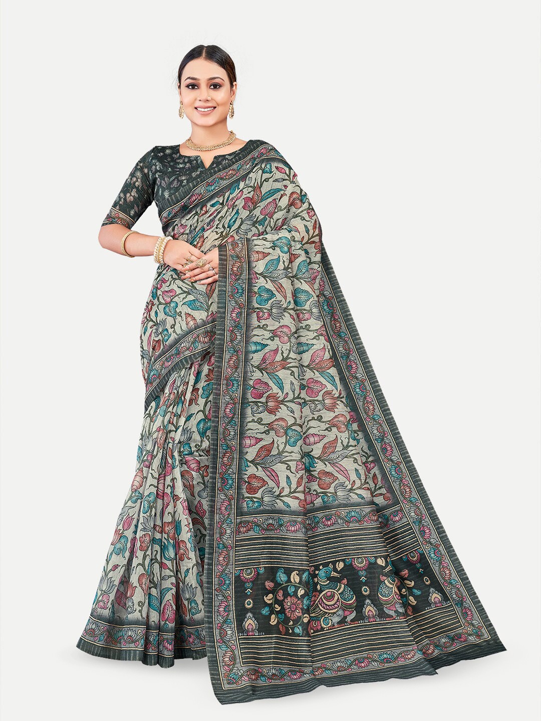 

TAVAS Kalamkari Printed Silk Blend Chanderi Saree, Black